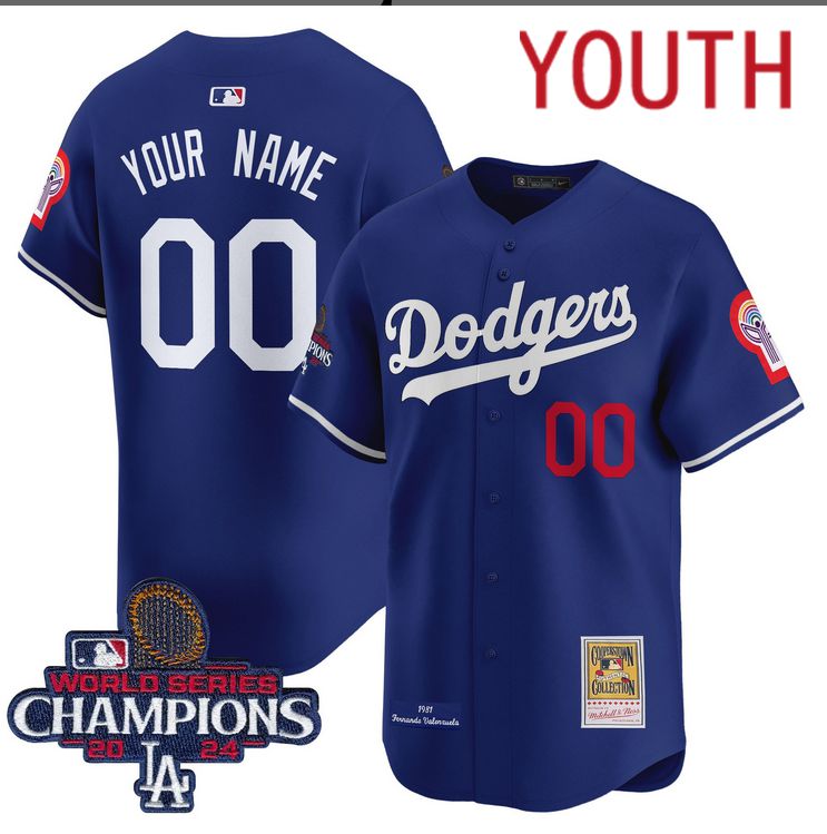 Youth MLB Los Angeles Dodgers Custom blue 2024 World Series Champions Patch Cooperstown Jersey style 4->customized mlb jersey->Custom Jersey